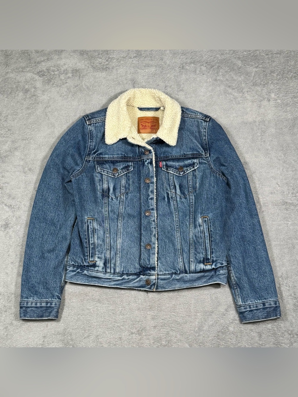 Levis Sherpa Trucker Jacket Denim Blue Fleece Lined Womens Size S Casual Western